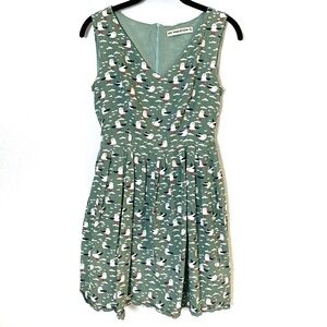Green Mini Dress Seagull Bird Print Womens Small Whimsical Quirky Novelty Print